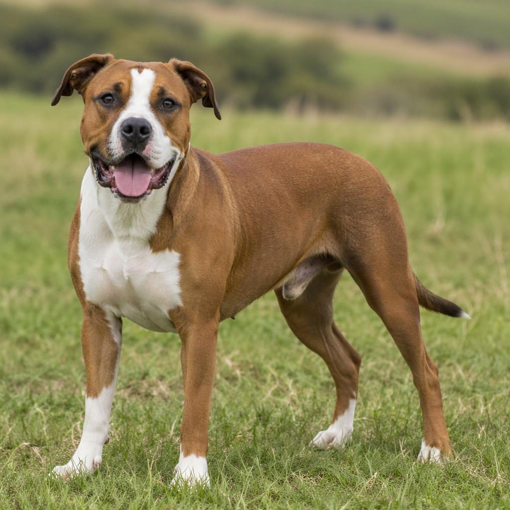 Ilustración realista de un cruce de pitbull con boxer senior en una pradera, pelaje gris, expresión tranquila.