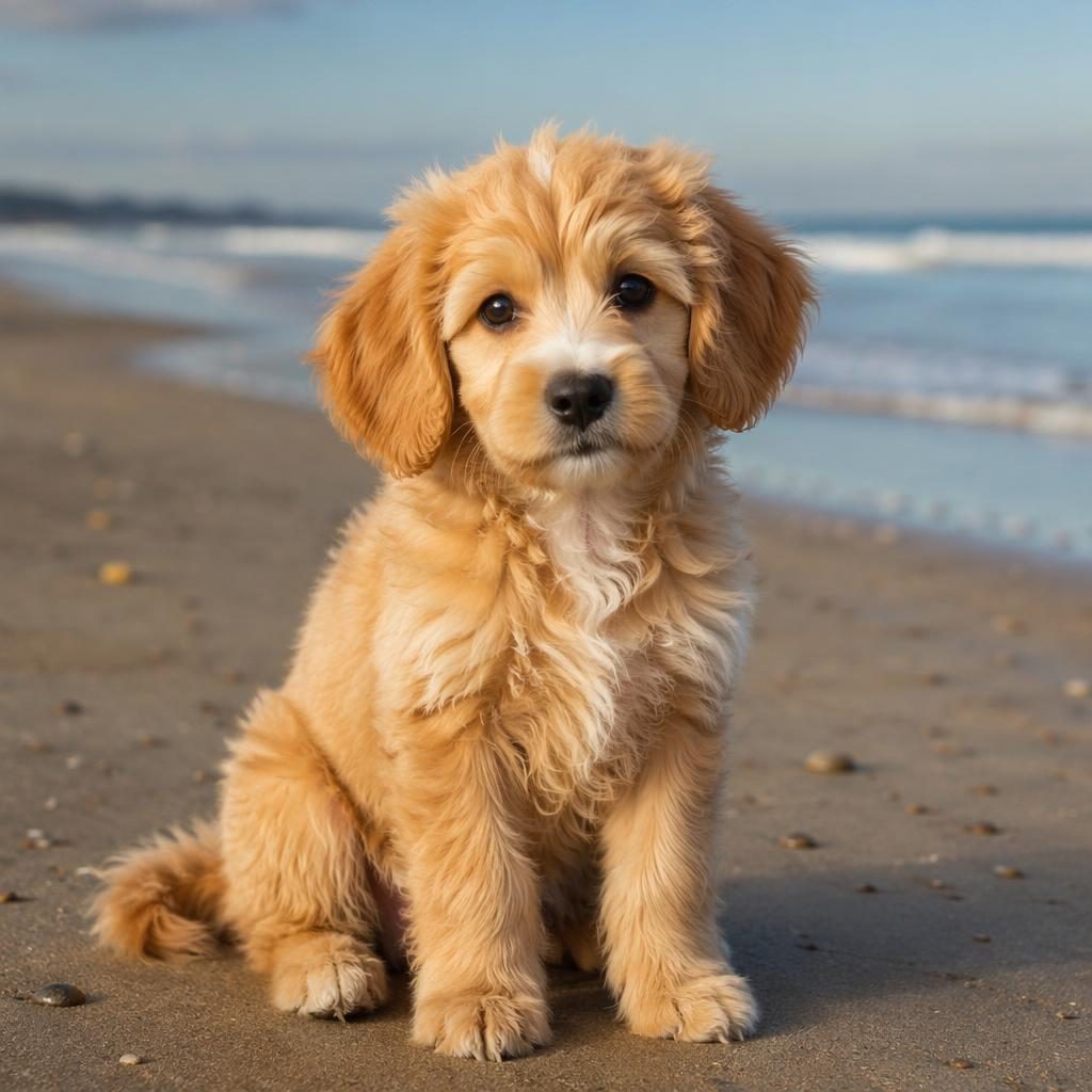 Ilustración realista de un cachorro cocker beagle en la playa, pelaje cuidado, expresión amigable y luz natural suave.