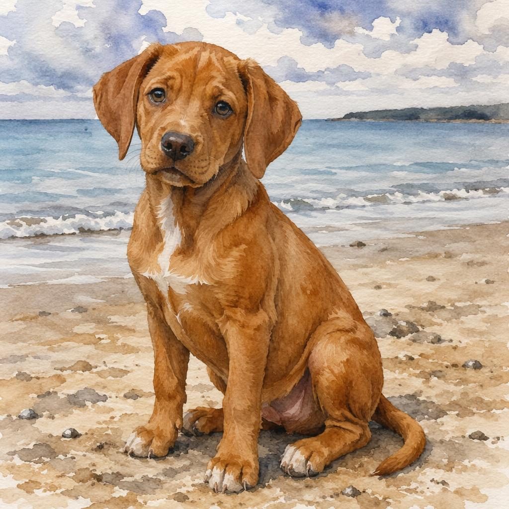Ein einzelner Welpe als realistischer Hundemix im Aquarellstil, entspannt am Strand mit weichem Licht.