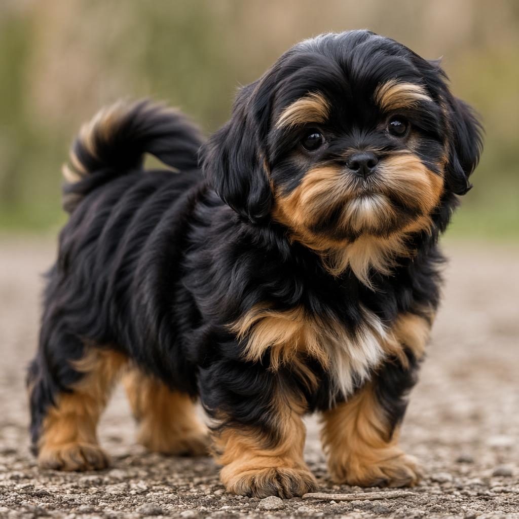 Ein einzelner Rottweiler-Shiba-Inu-Welpe im Freien vor neutralem Hintergrund, freundlich, gepflegt und fotorealistisch.