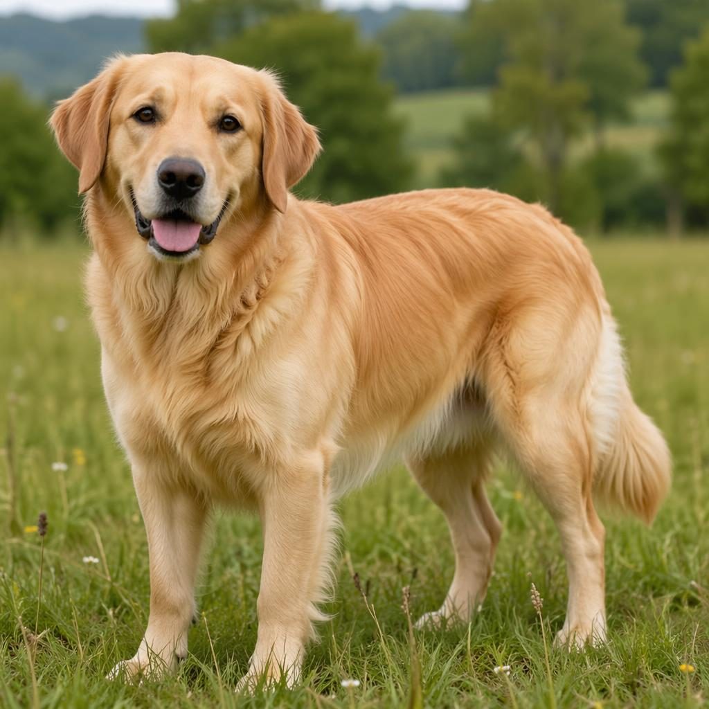 Photoreal adult dog with Labrador and Golden Retriever traits, golden coat, standing in a grassy meadow.