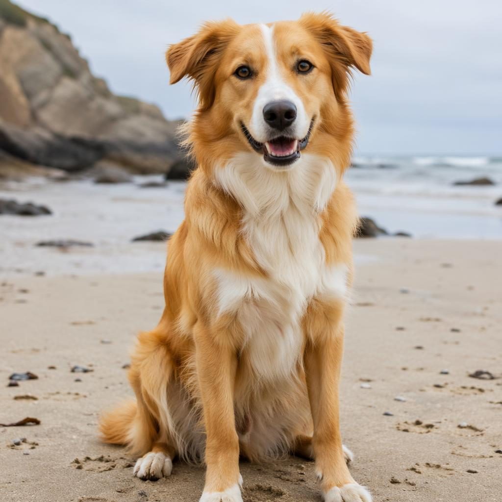 Single adult border collie golden retriever mix dog on a beach studio set, relaxed, well groomed, sharp fur detail