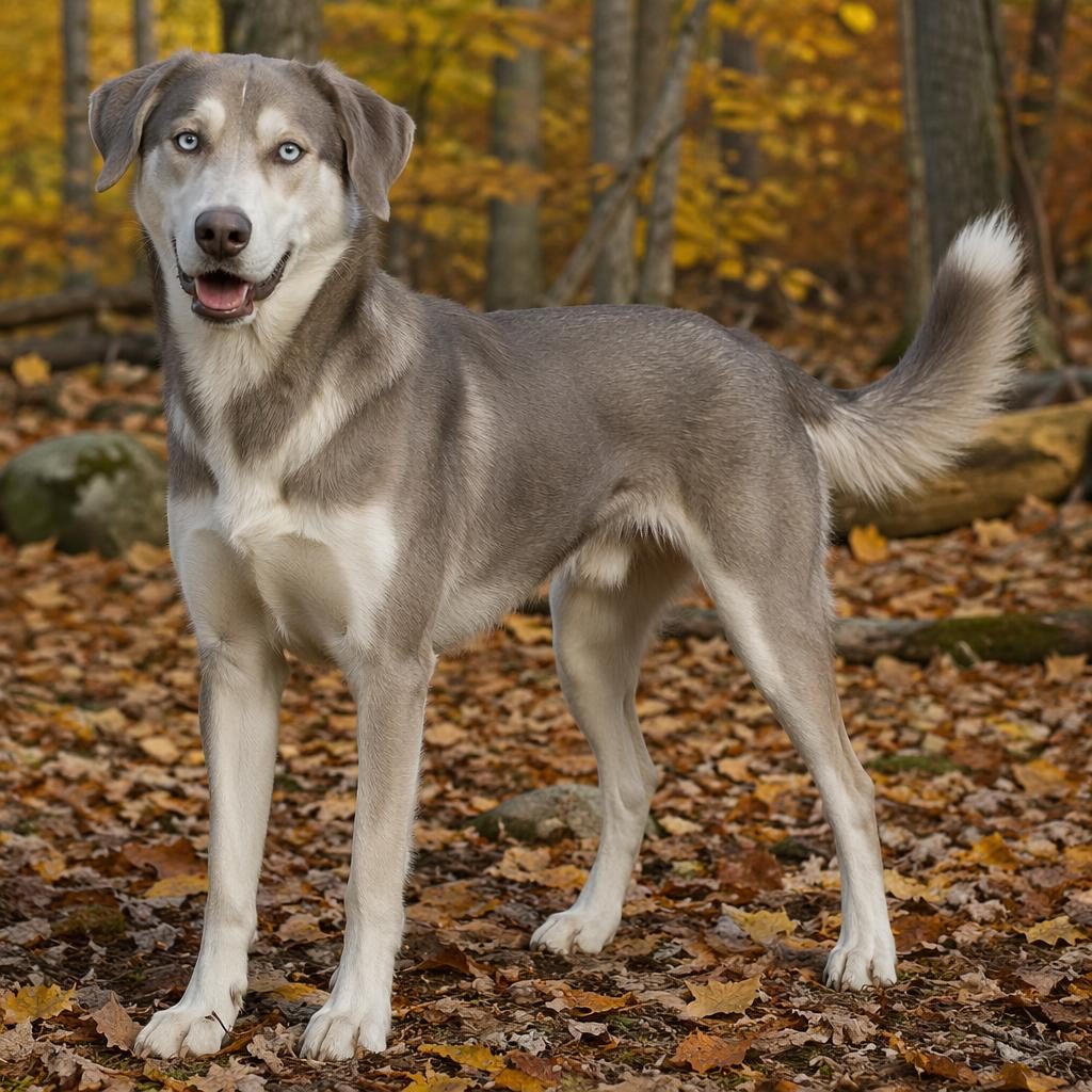Single young adult mixed-breed dog in an autumn forest, relaxed pose, soft light, realistic fur and sharp focus