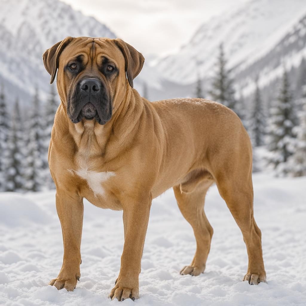 Ein einzelner erwachsener Mischhund aus Beagle und Neufundländer in seltener Fellfarbe steht entspannt in snowy Landschaft.