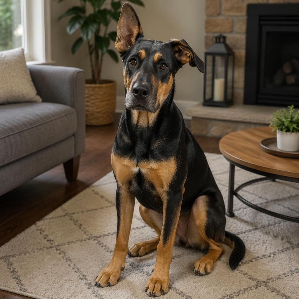 Photo-real illustration of a single Great Dane Chihuahua mix dog resting in a cosy living room with soft natural light.