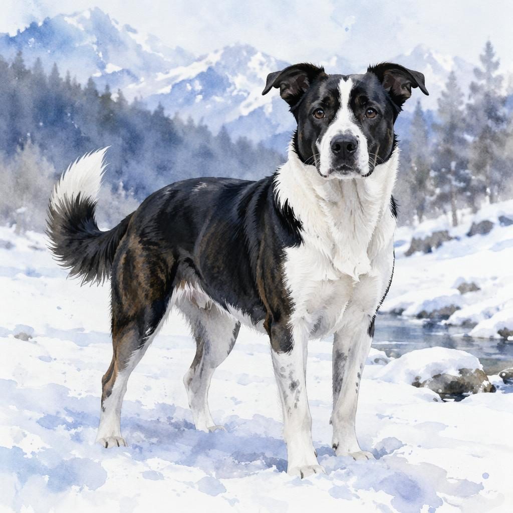 Ein einzelner Border-Collie-Boxer-Mix als erwachsener Hund im Schnee, freundlich, gepflegt, mit realistischer Fellstruktur.