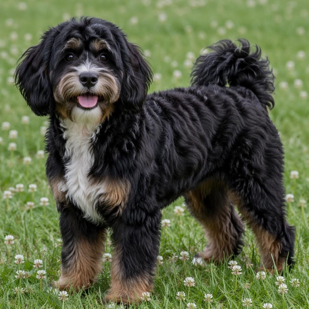 Photoreal illustration of a friendly mixed-breed dog standing in a grass meadow with soft natural light and detailed fur.
