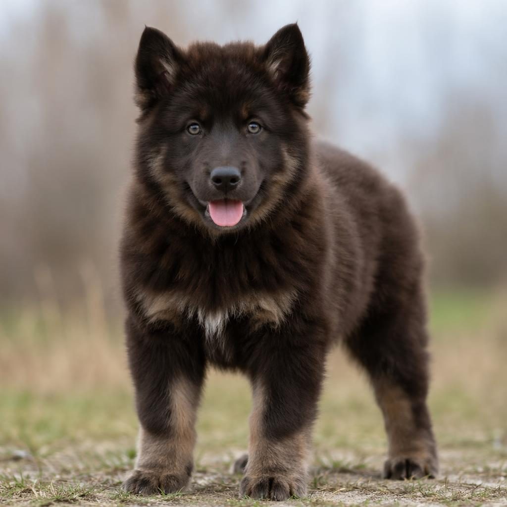 Fotorealistischer Neufundländer-Husky Welpe im Freien vor weichem neutralem Hintergrund, entspannt und gepflegt