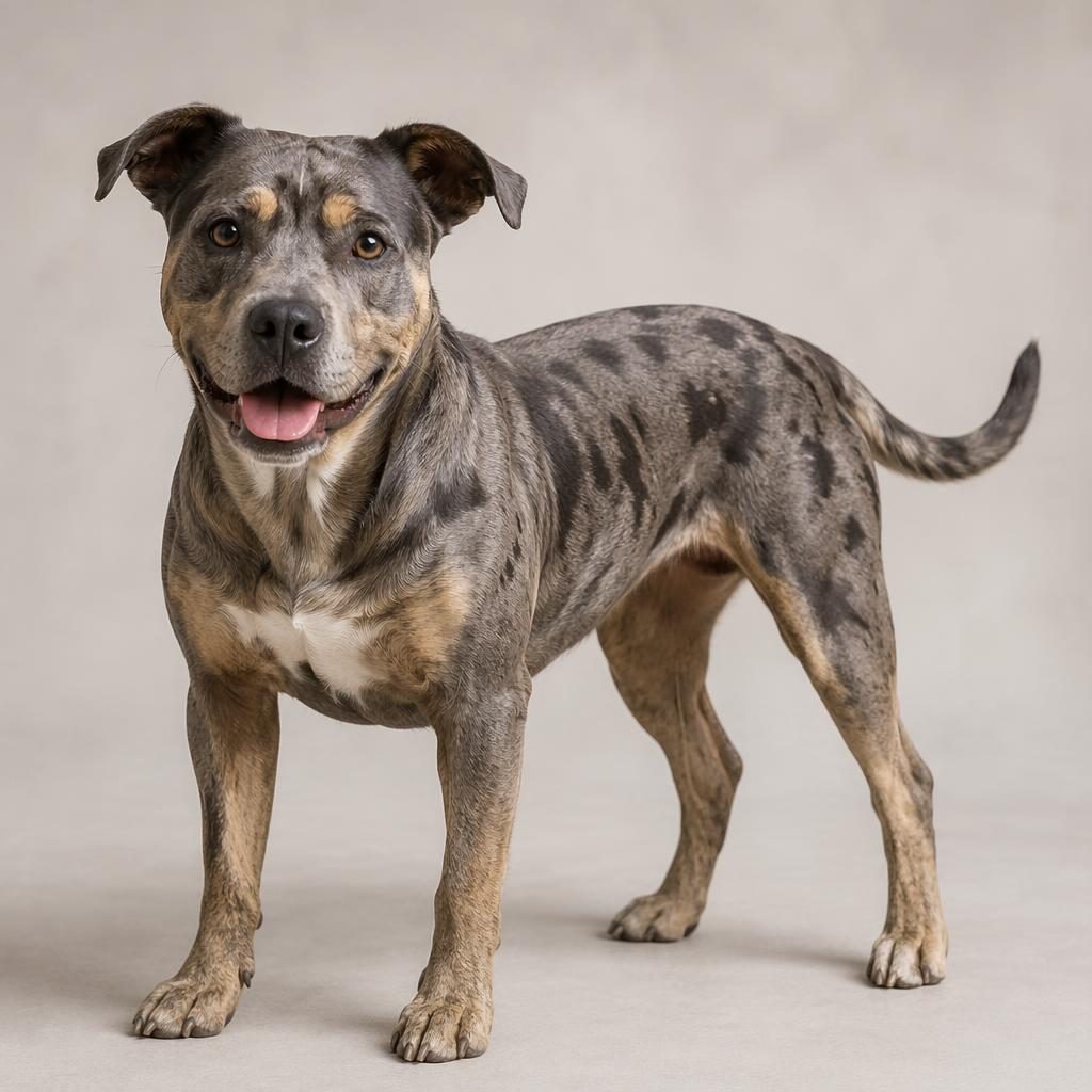Photo-real illustration of a friendly adult hybrid dog with sleek gray-tan fur on a soft neutral background.