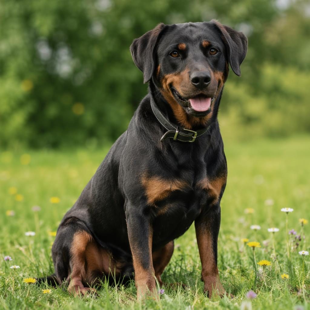Single senior bassetoodle dog standing in a grass meadow, relaxed and friendly, with soft natural light and detailed fur.