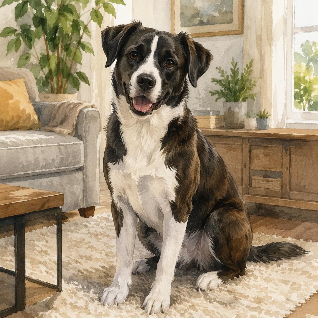 Chien croisé seul, jeune adulte, rendu aquarelle réaliste, pelage soigné, expression calme, dans un salon cosy.