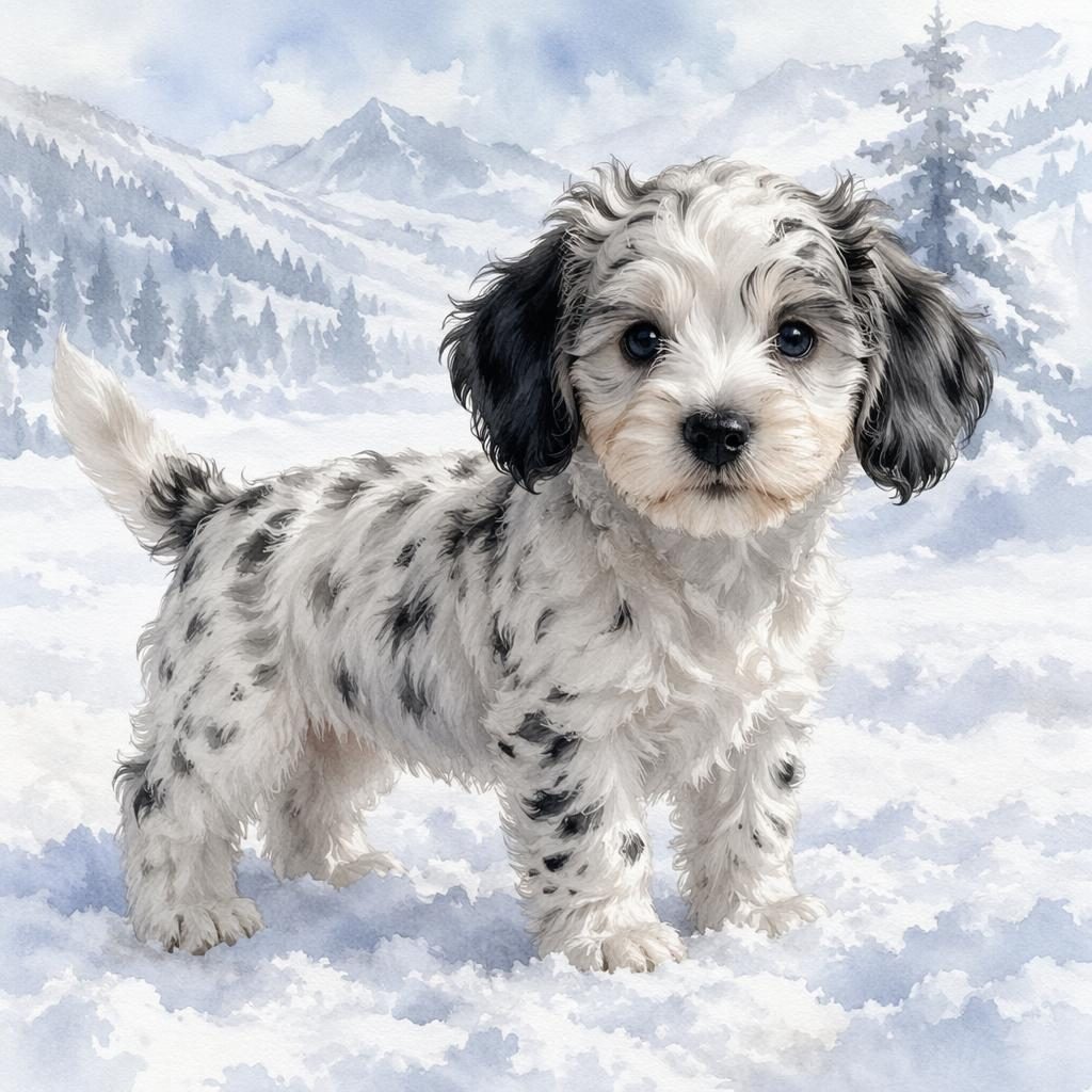 Ein einzelner, freundlicher Shih-Tzu-Jack-Russell-Mix-Welpe als Aquarell in verschneiter Landschaft.