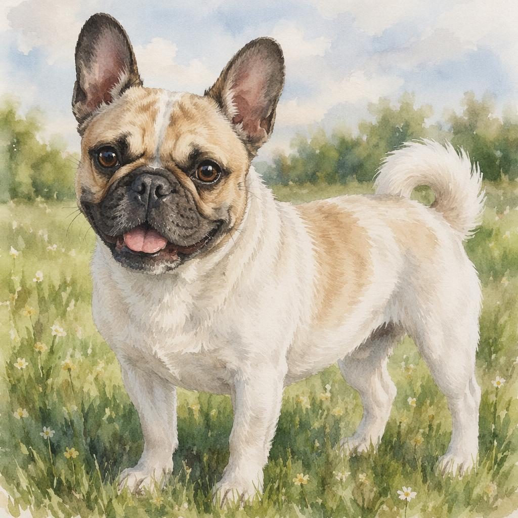 Single senior French bulldog x pug mix dog standing in a grass meadow, watercolor style, relaxed and well-groomed.