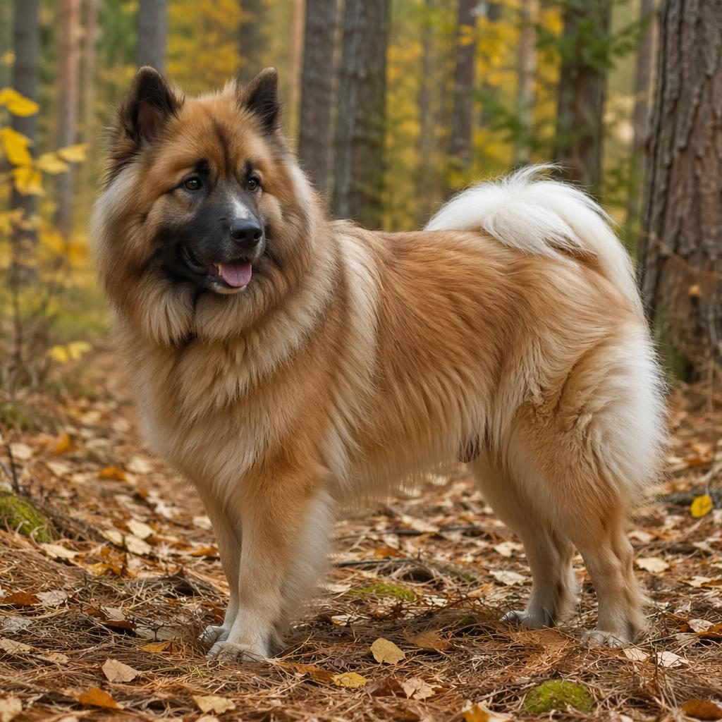 Senior eurasier mix Hund allein im Herbstwald, freundlich entspannt, weiches Naturlicht, fotorealistisches Fell