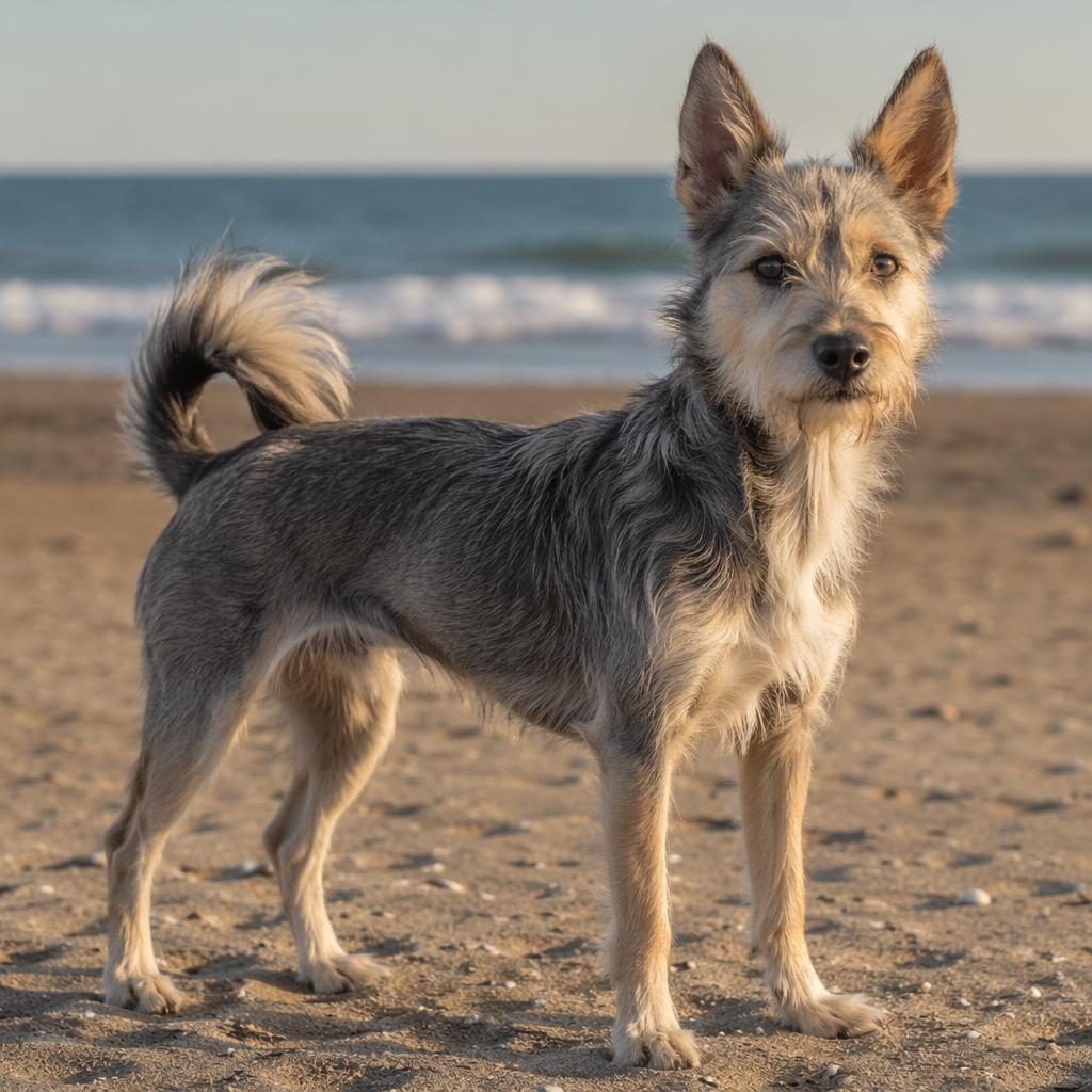 Photo-real illustration of a single adult spitz mix dog on a beach with unusual coat, relaxed expression, and soft light.