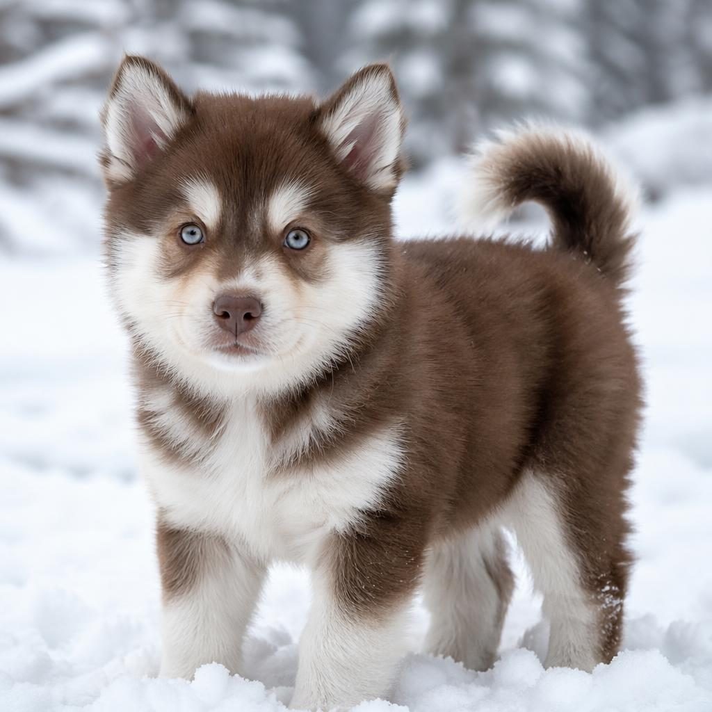 Chiot pomsky marron seul dans la neige, pelage épais, expression amicale, lumière naturelle douce