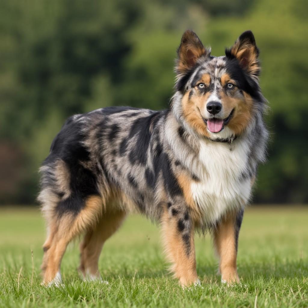 Ein einzelner, freundlicher Australian Shepherd Husky Schäferhund Mischling steht entspannt auf einer grünen Wiese.