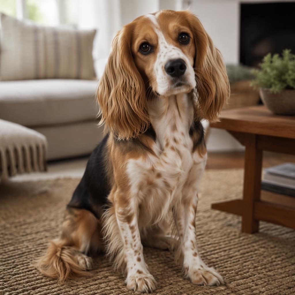 Ein einzelner Cocker-Beagle als junger Erwachsener, freundlich und entspannt, im gemütlichen Wohnzimmer bei weichem Licht.