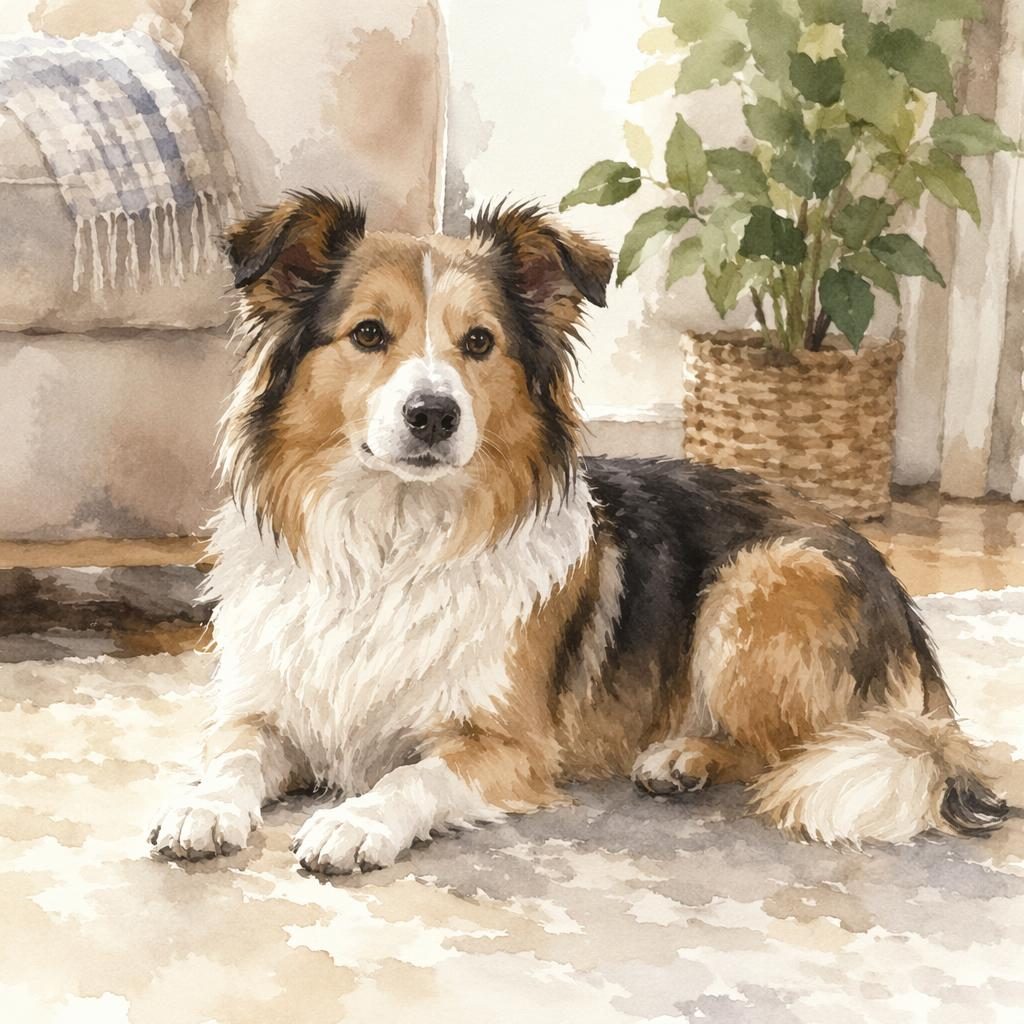 Ein einzelner senioriger Mischlingshund im Aquarellstil, entspannt im gemütlichen Wohnzimmer bei weichem Licht.