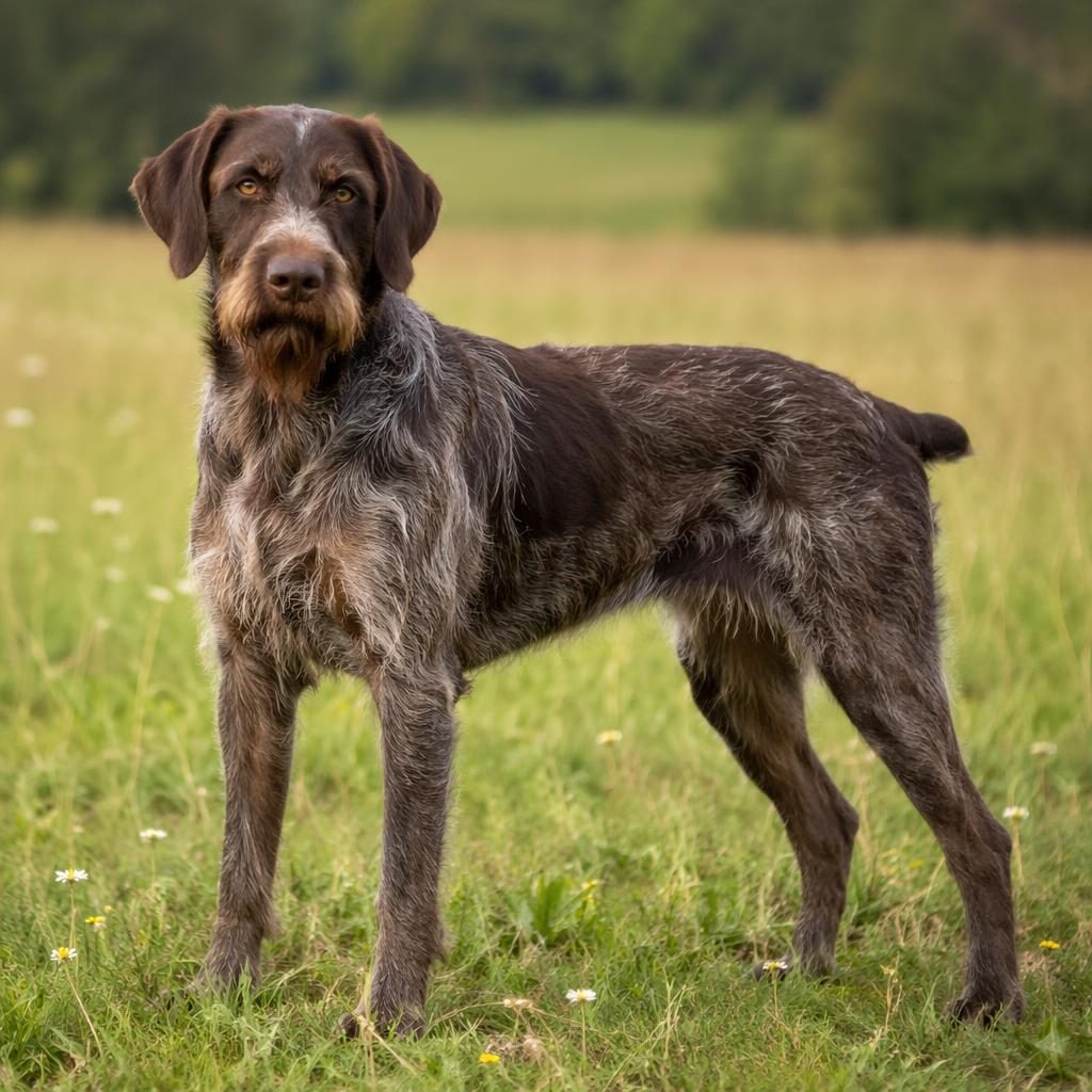 Senior Mischlingshund allein auf einer Graswiese, freundlich, gepflegt, mit weichem Licht und fotorealistischem Fell