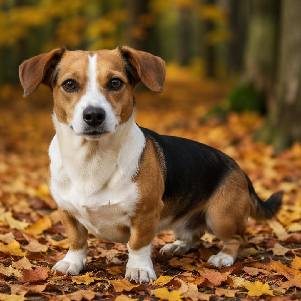 Ein einzelner junger Mischhund im Herbstwald, freundlich, gepflegt, mit weichem Fell und natürlichem Studio-Licht.