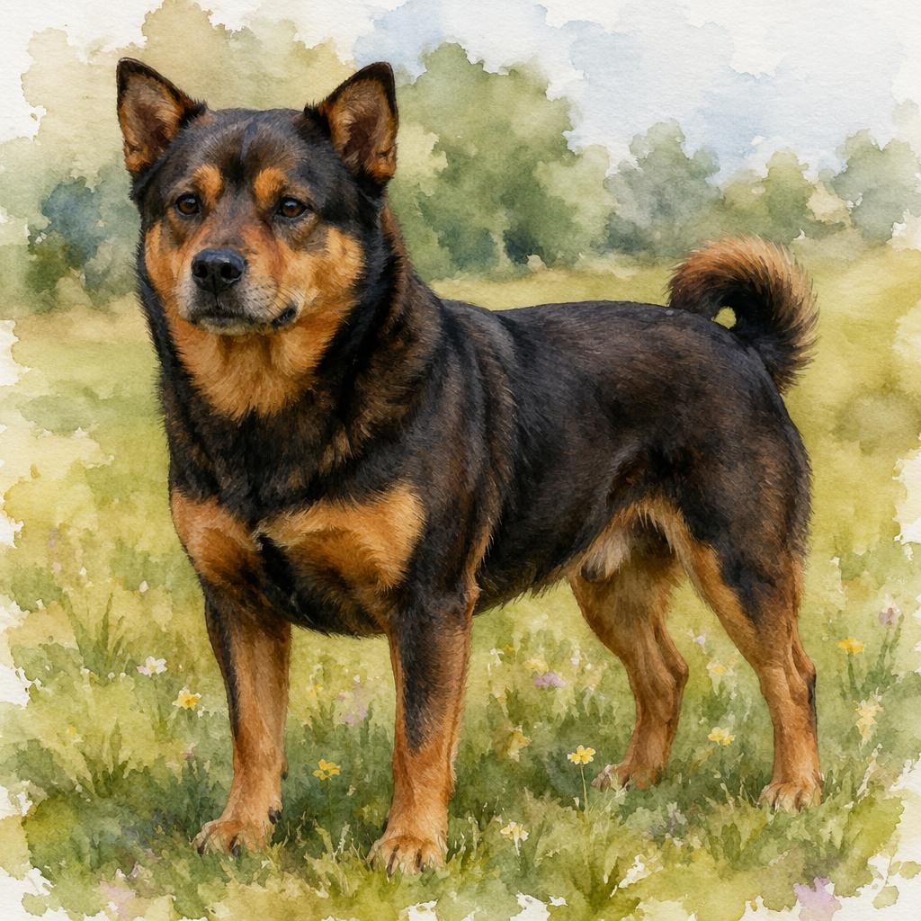Ein einzelner senior Hundemix im Aquarellstil auf einer grünen Wiese, freundlich entspannt, mit realistischer Fellstruktur.