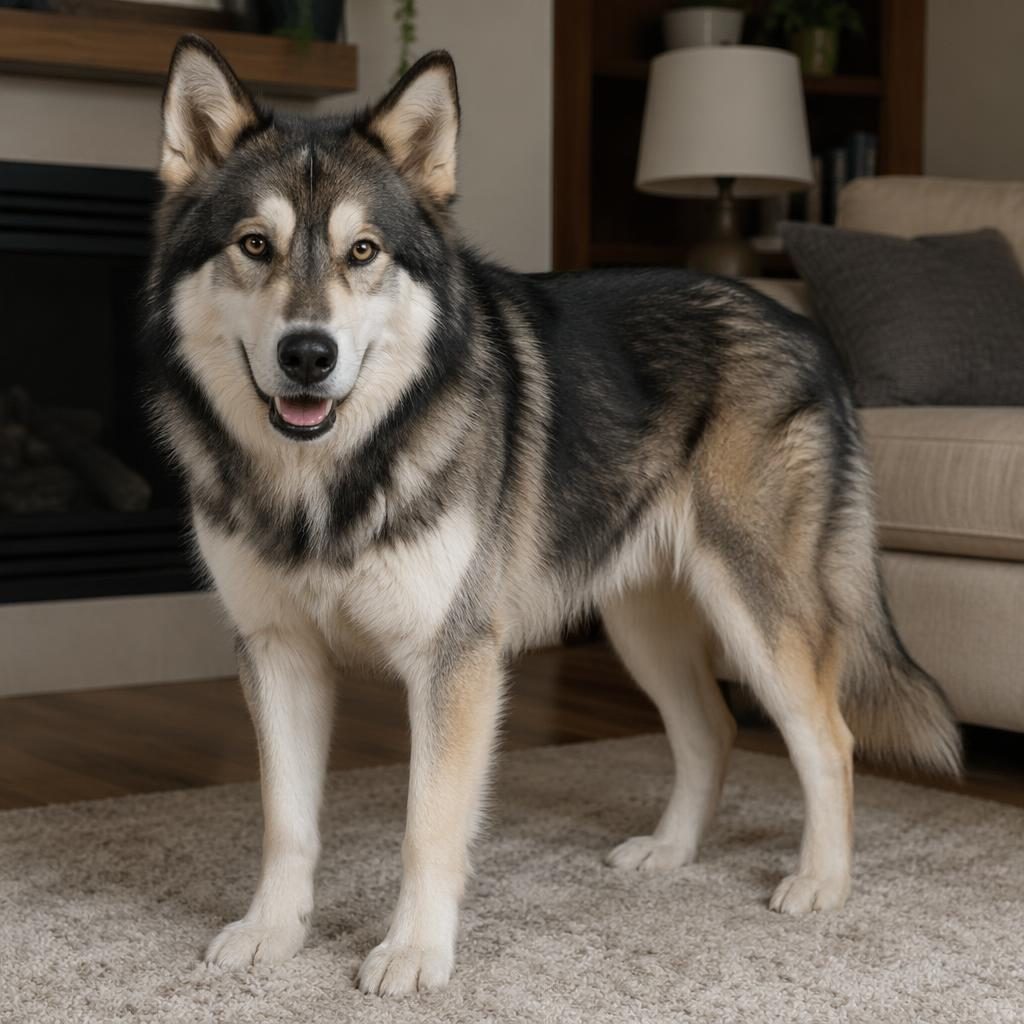 Studio-style photo of a single young adult dog with sleek doberman-whippet traits, relaxed in a cozy living room