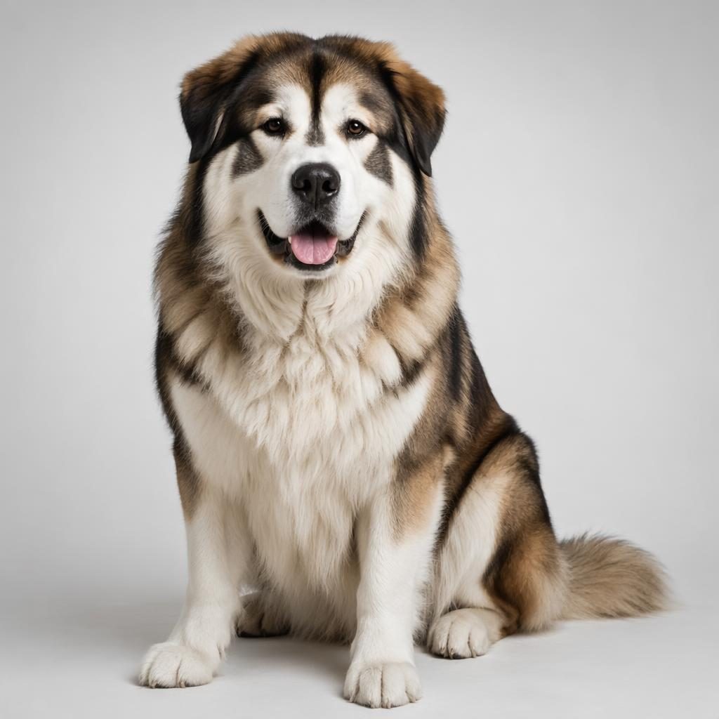 Einzelner erwachsener Hund als Malamute-Malteser-Mix vor softem neutralem Hintergrund, freundlich, gepflegt, fotorealistisch.