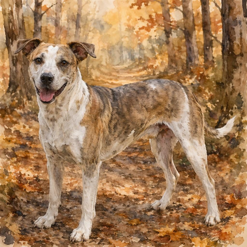 Senior potcake mix dog with blended terrier and spitz traits standing in a soft watercolor autumn forest