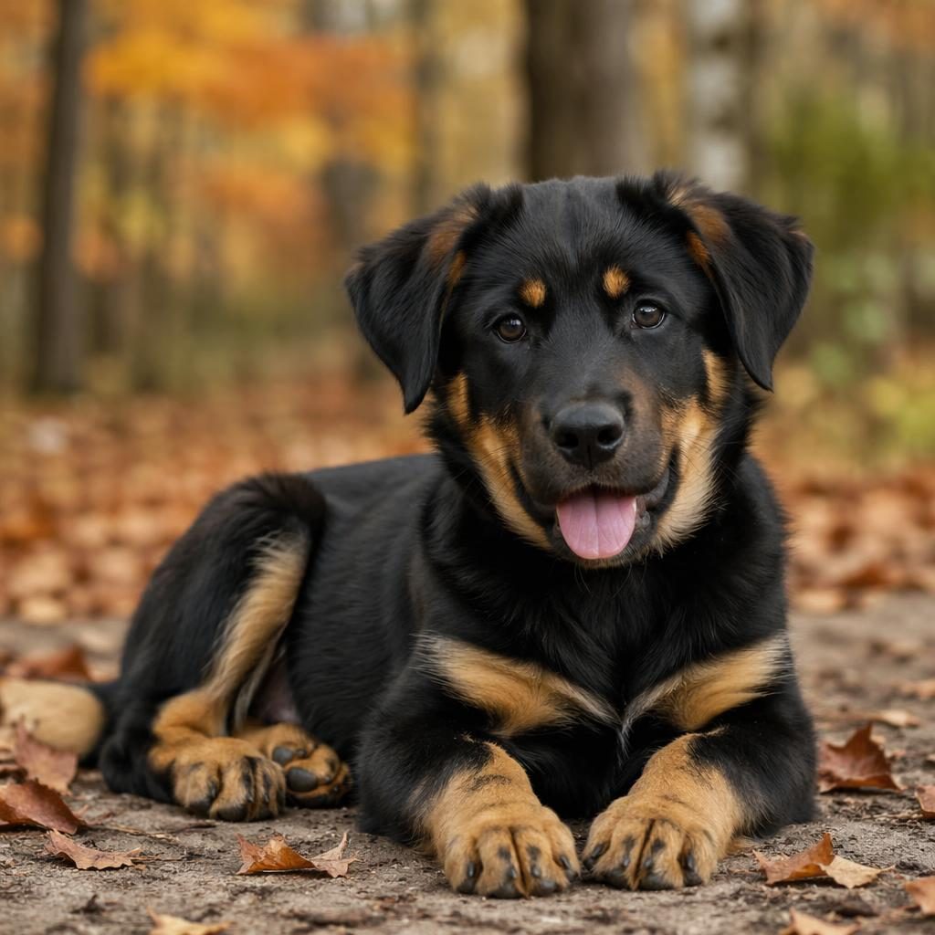 Portrait éditorial d’un jeune chien croisé beauceron rottweiler, posé en forêt d’automne, lumière douce, pelage réaliste.