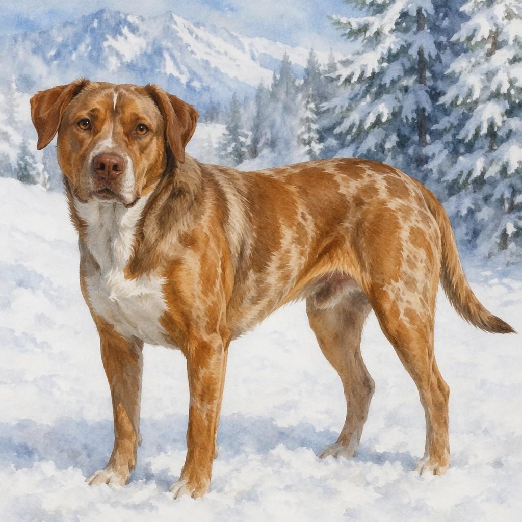 Watercolor-style realistic adult Vizsla Bulldog mix dog standing in a snowy landscape with a rare unusual coat