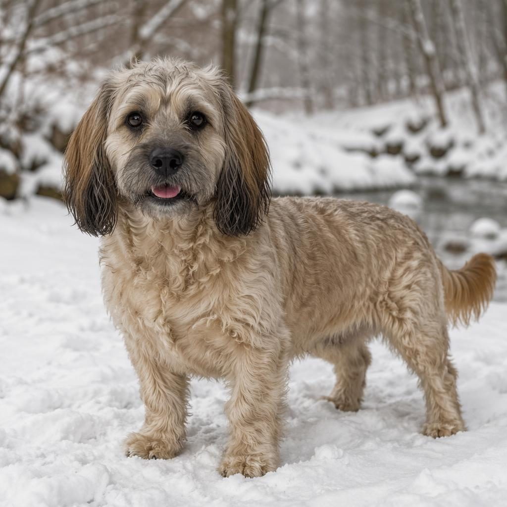 Illustration of a single friendly adult bassetoodle dog in snow with realistic fur, soft light, and sharp focus.
