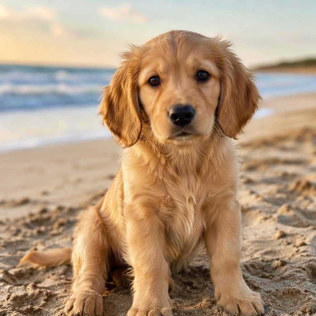 Ein einzelner junger Hund als realistischer Mischling im Studio-Look am Strand, freundlich, gepflegt und scharf fokussiert.