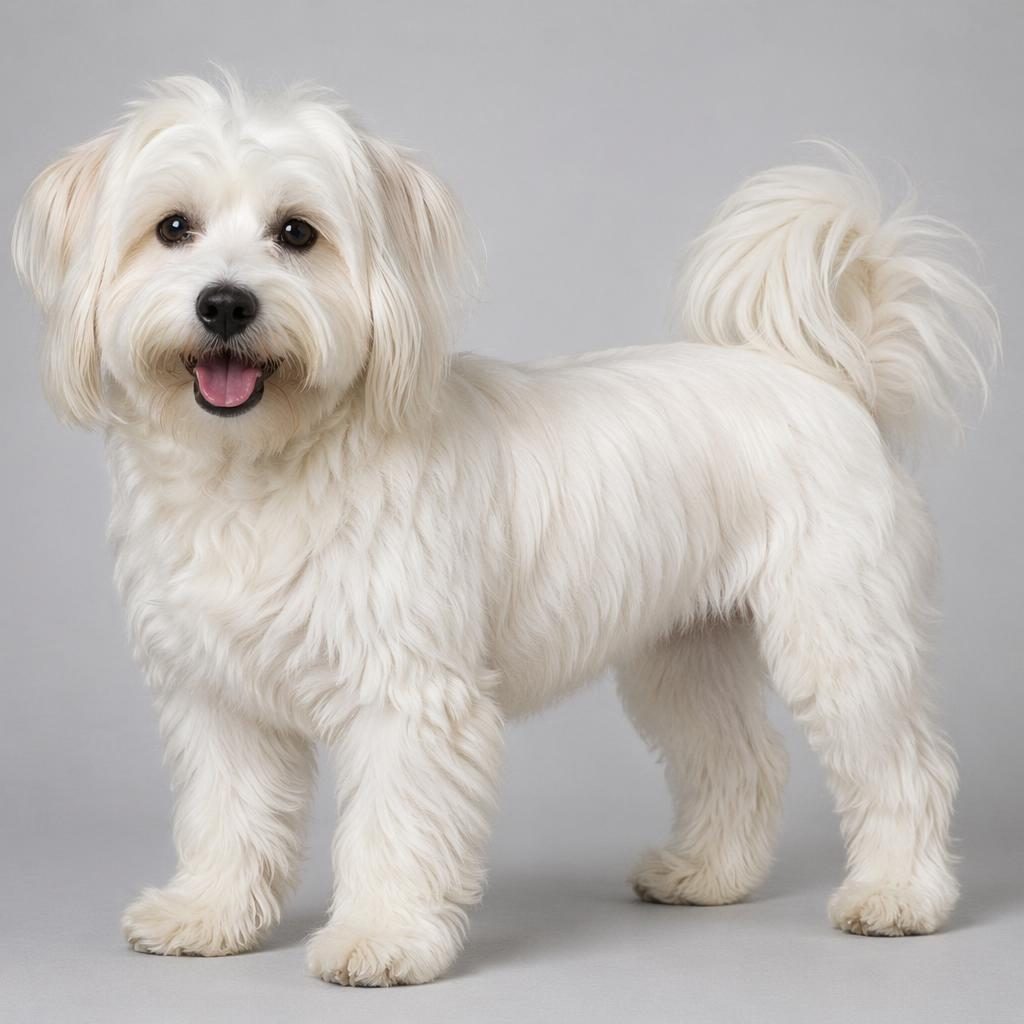 Studio portrait of a single adult hybrid dog with terrier and mountain dog traits on a soft neutral background