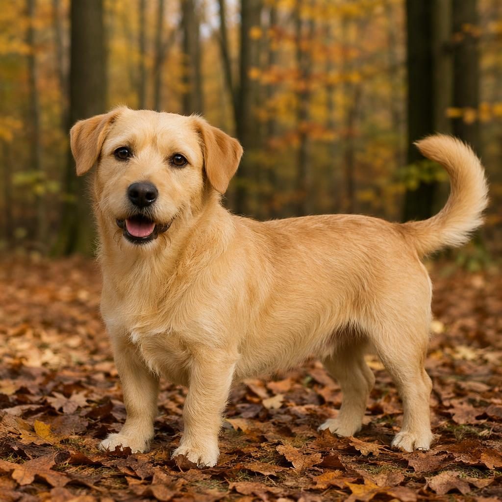 Single young adult mixed-breed dog with Akita and Saint Bernard traits standing in an autumn forest, relaxed and well-groomed