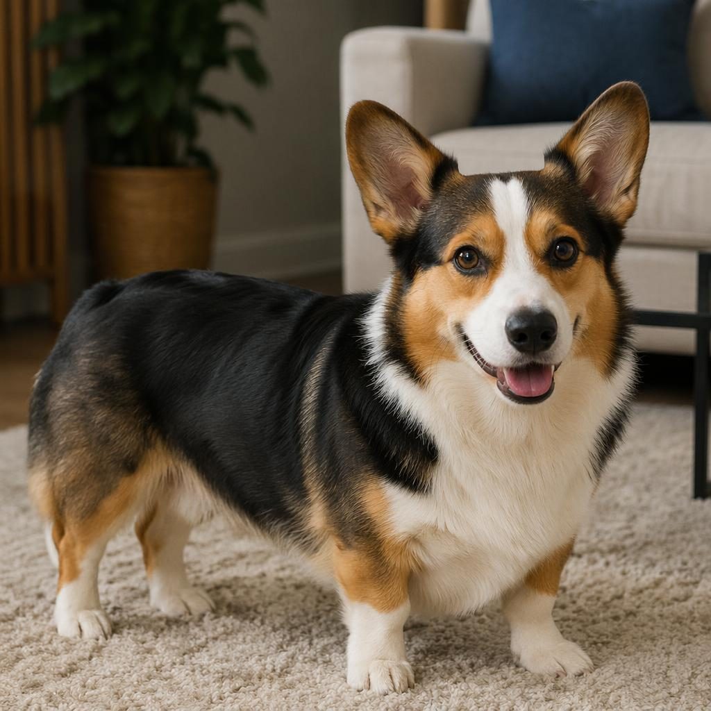 Editorial portrait of a single relaxed hybrid dog in a cosy living room with soft natural light and detailed fur