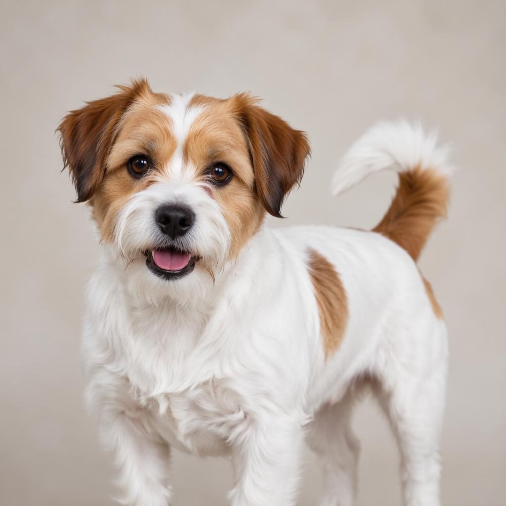 Realistický portrét jednoho psa, kříženec Shih Tzu a Jack Russell teriéra, na jemném neutrálním pozadí.
