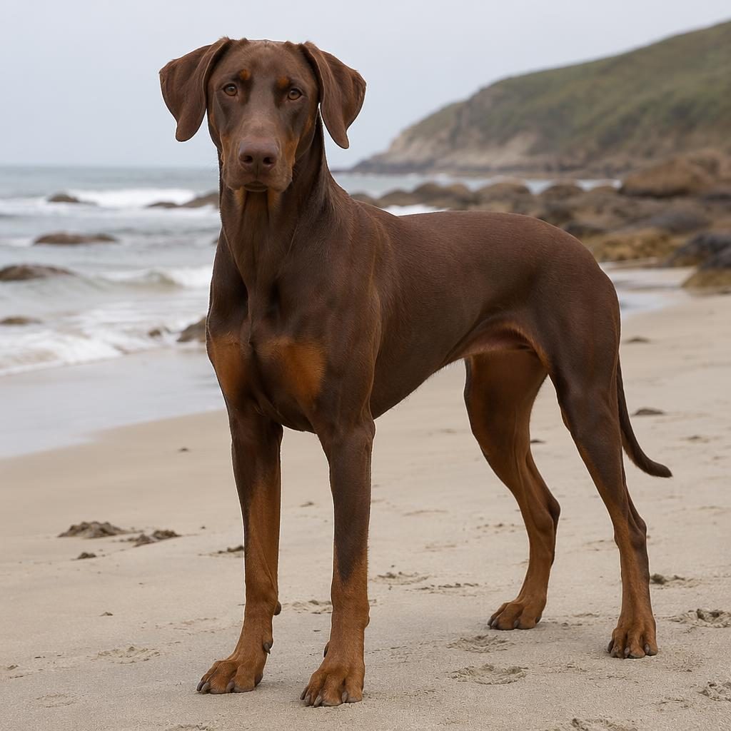 Ein einzelner freundlicher vizsla dobermann mix als realistisches Studiofoto am Strand mit weichem Licht.