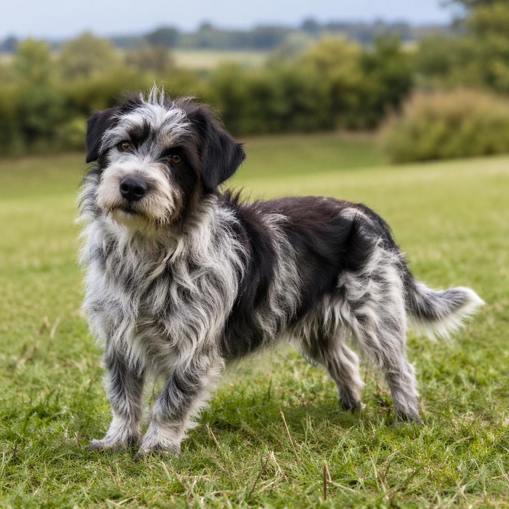 Chien senior seul dans une prairie, pelage réaliste, expression détendue, lumière naturelle douce, rendu photo net