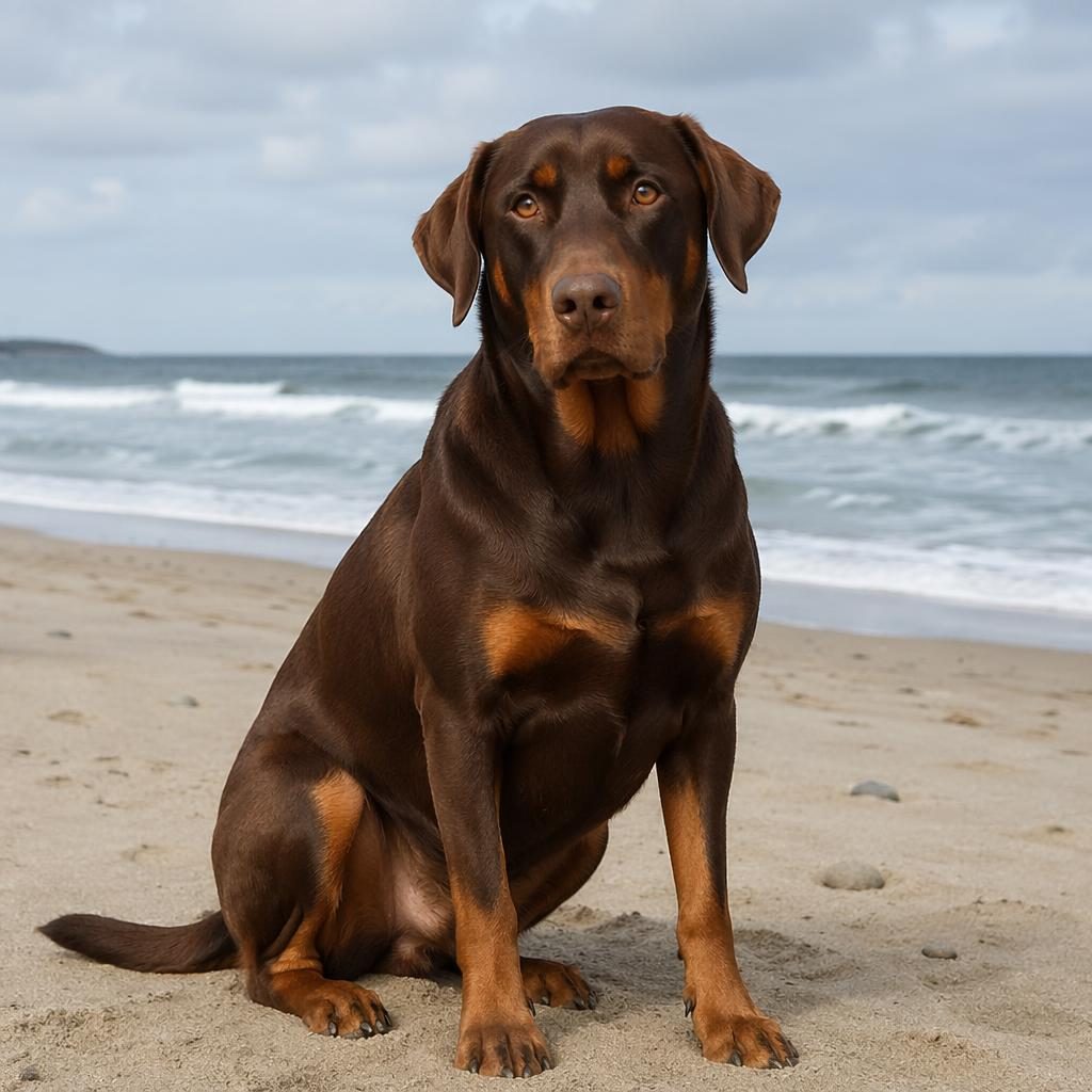 Editorial beach portrait of a single friendly adult doberdor with unusual coat, soft light, sharp fur detail.