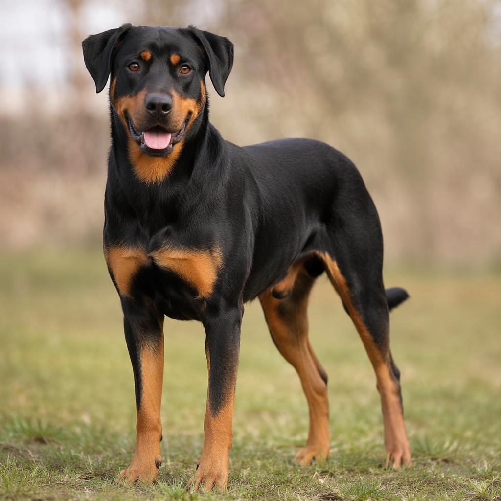 Ein einzelner freundlicher Dobermann-Rottweiler-Mix im Freien vor neutralem Hintergrund, gepflegt und fotorealistisch.