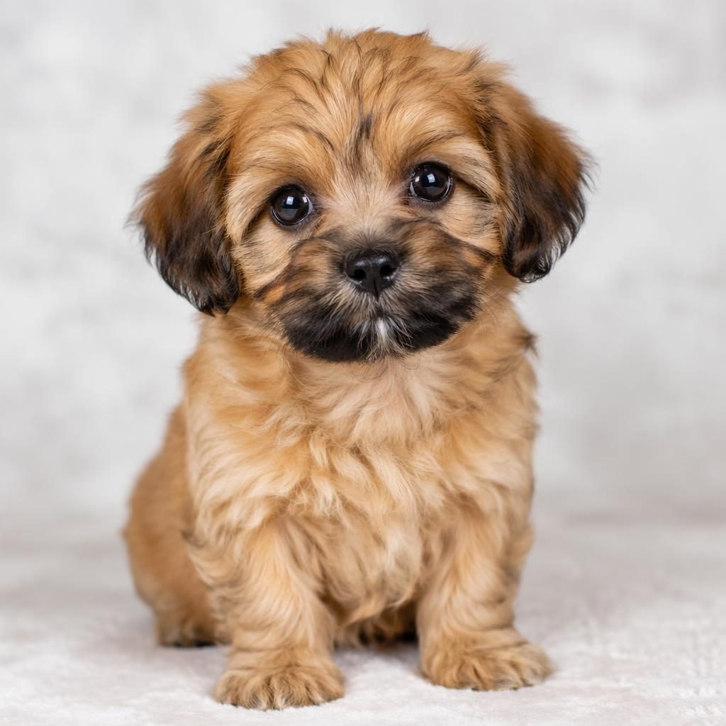 Single puppy in an editorial-style portrait on a soft neutral background, with realistic fur, relaxed expression, and natural light.