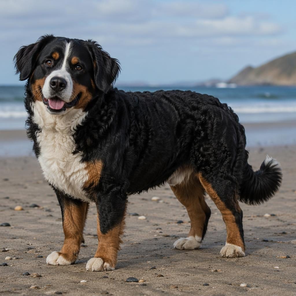 Photo-real beach illustration of a single friendly hybrid dog with unusual coat, relaxed pose, and soft natural light