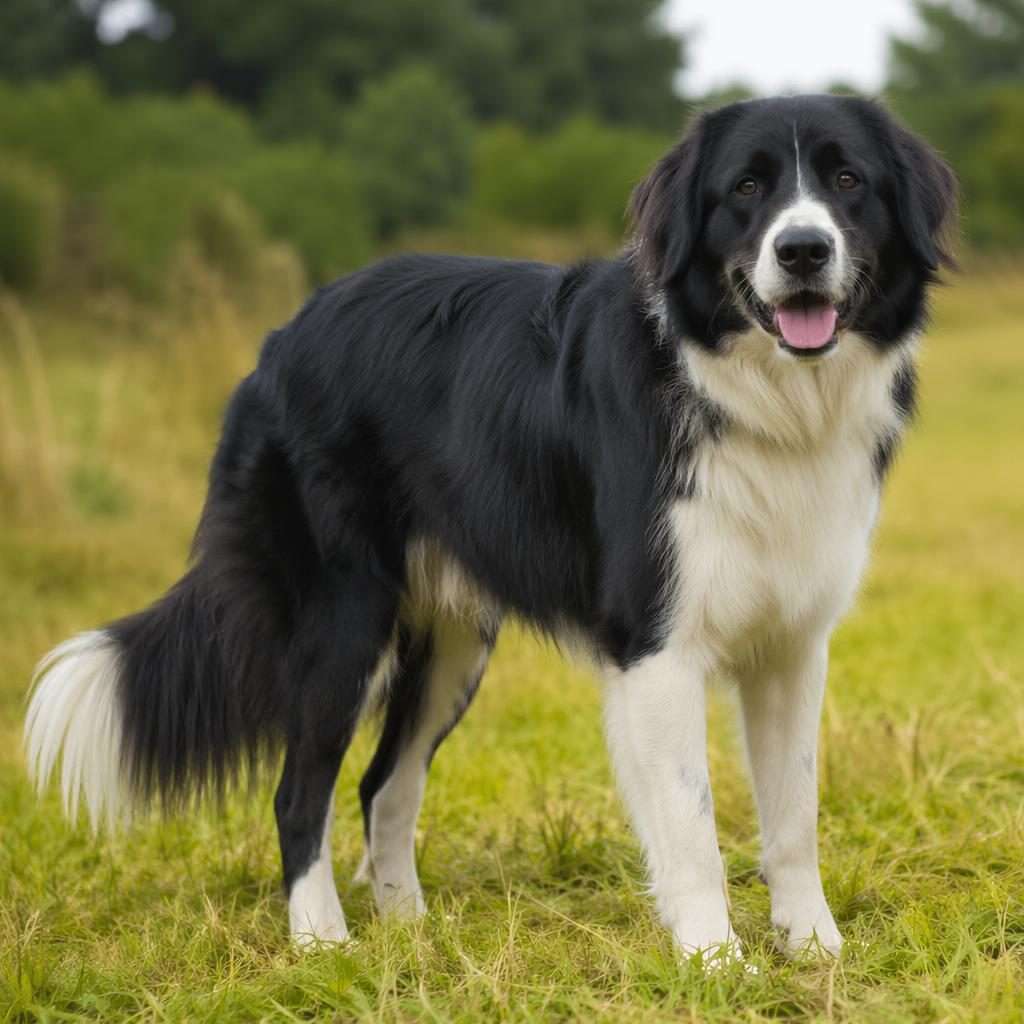 Photo-real black lab great pyrenees mix dog standing in a grass meadow with a relaxed friendly expression.