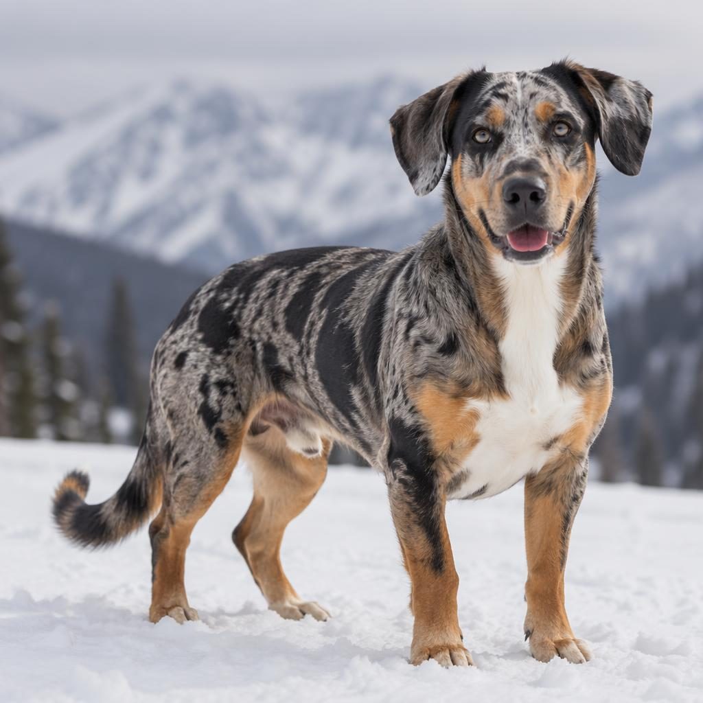 Editorial portrait of a single realistic mixed breed dog in snow, relaxed and friendly, with unusual coat and sharp fur detail.