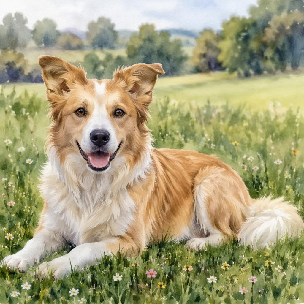 Watercolor-style single young adult hybrid dog in a grass meadow, relaxed and well-groomed with soft natural light