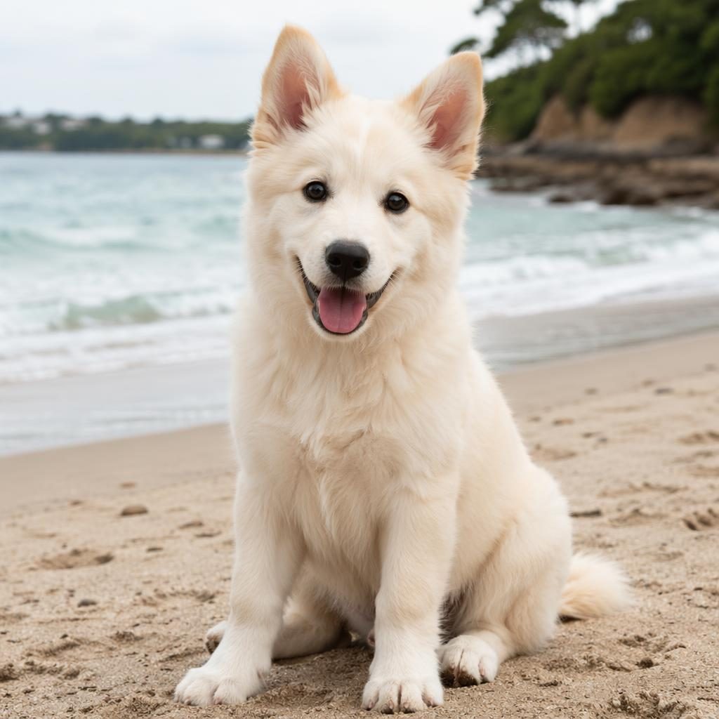 Studio-style beach portrait of a relaxed fluffy mixed-breed puppy with realistic fur, soft light, and sharp focus.