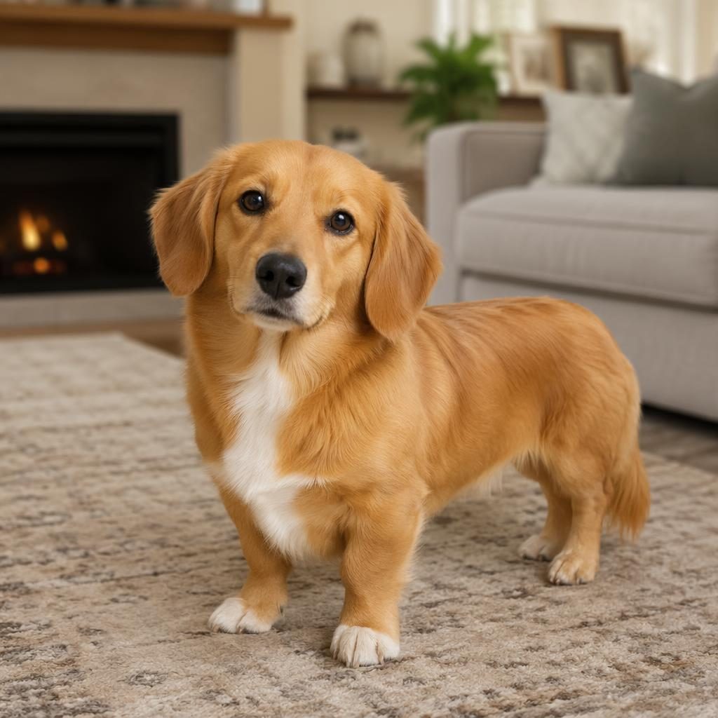Photo-real illustration of a friendly young adult doxie mix dog relaxing in a cozy living room with soft natural light.