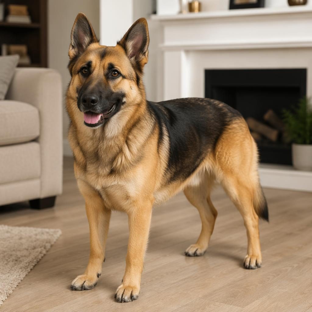 Chien senior seul en studio, type berger allemand croisé malinois, détendu dans un salon cosy, lumière douce.