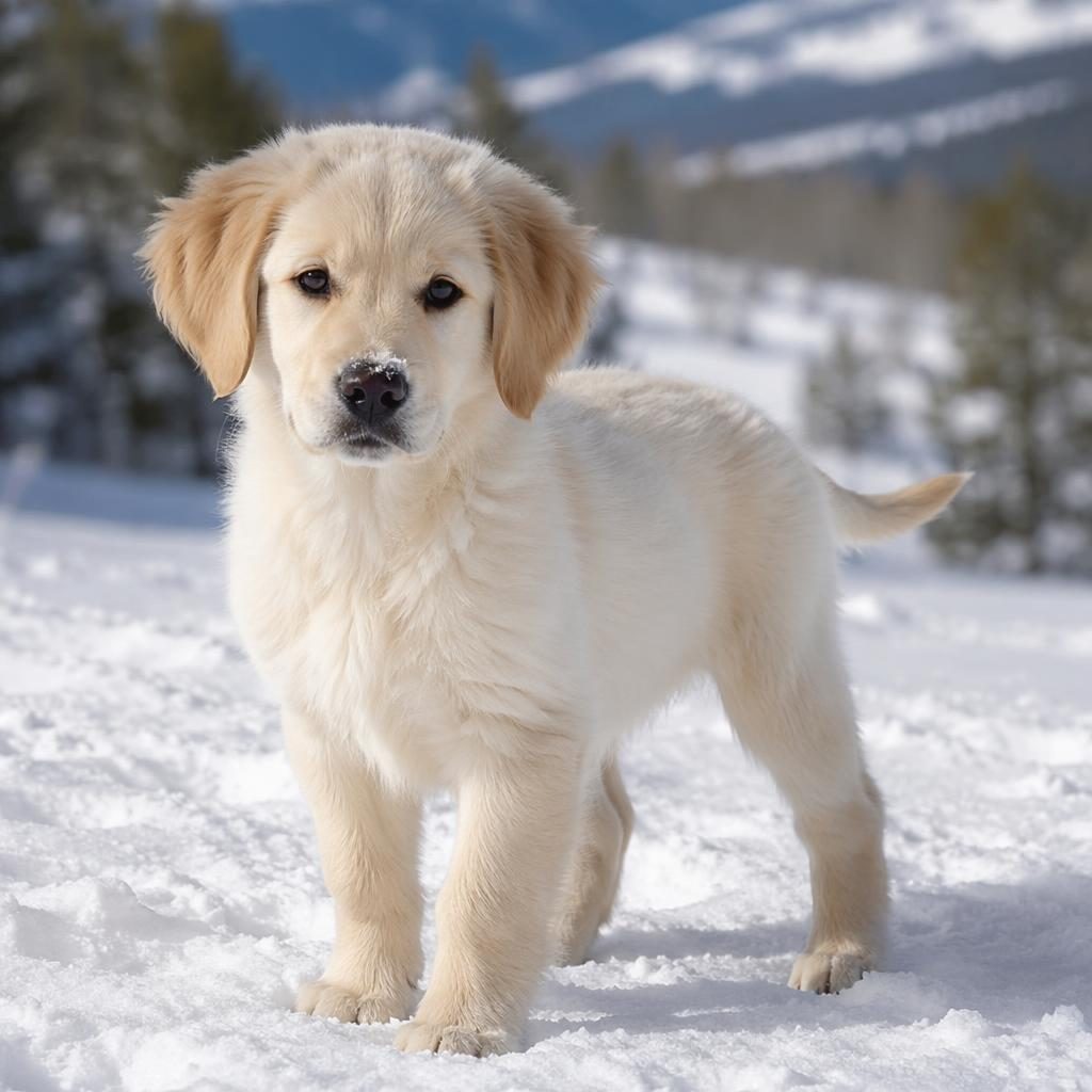 Photo-real goldador puppy standing in a snowy landscape with a friendly relaxed expression and soft natural light.